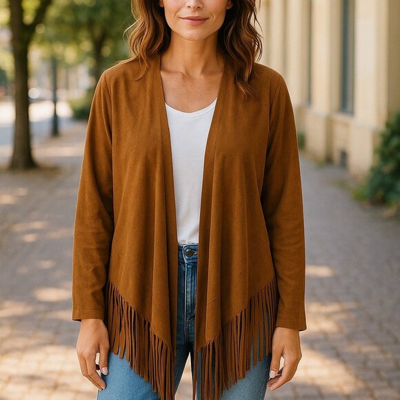 Ruby Rd. Brown Open Cardigan with Fringe - Picture 1 of 8